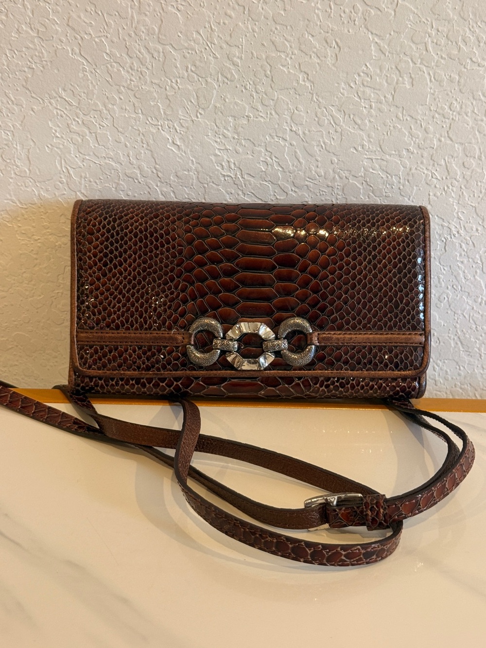 Brighton Brown Snake-Embossed Crossbody With Silver Chain Accent